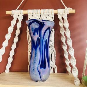 Vintage Signed Sandy Fritch Swung Art Glass Vase Blue‎ Pink Swirl 9” Tall 1990s